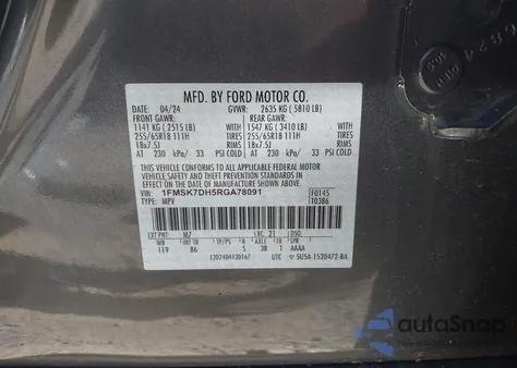 2024 Ford Explorer Xlt из США, поврежденный, VIN 1FMSK7DH5RGA78091